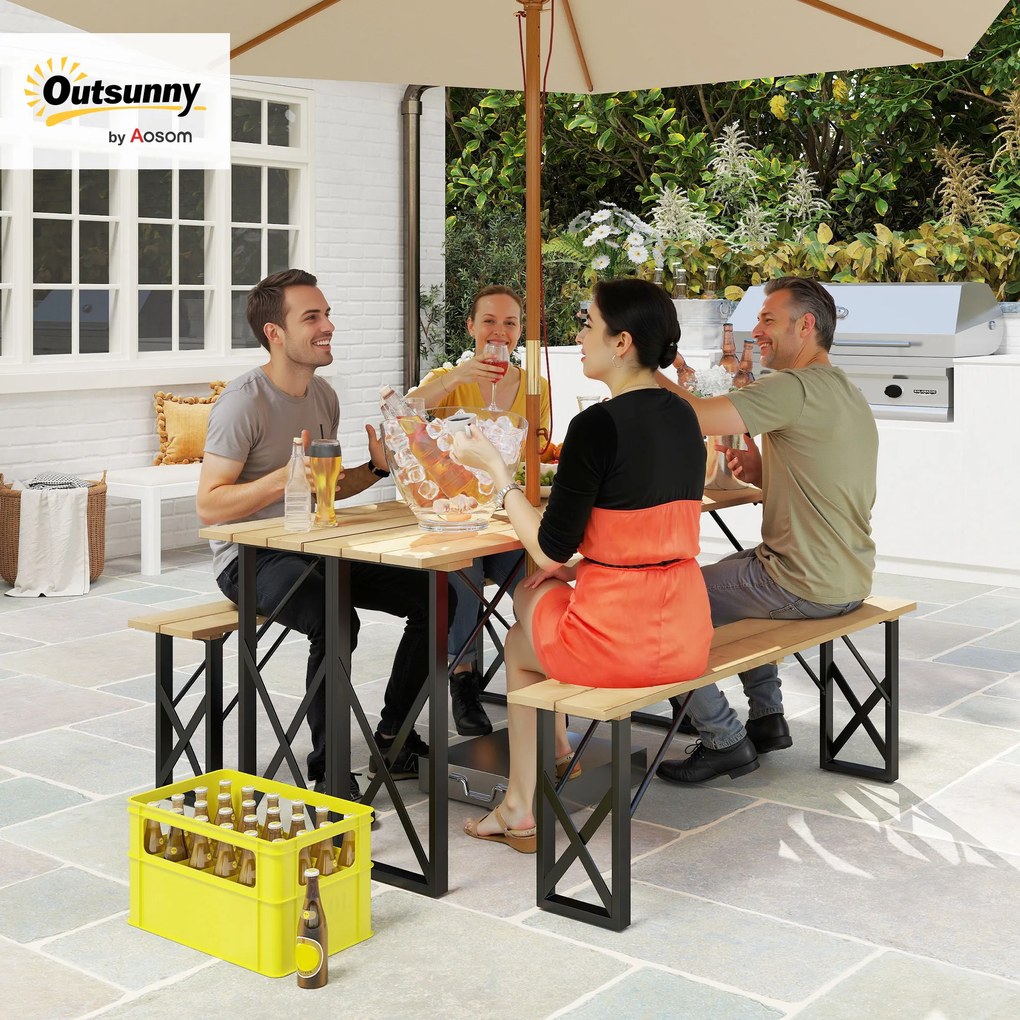 Outsunny set masă și bănci din lemn pentru 6-8 persoane, 160 cm, cu orificiu pentru umbrelă de 5 cm, design durabil, maro | Aosom Romania
