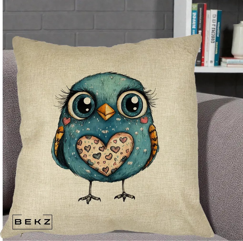 Perna Decorativa Bufnita Albastra cu Inimioare, 40x40 cm, Crem, Husa Detasabila, Perna Inclusa, BEKZ®