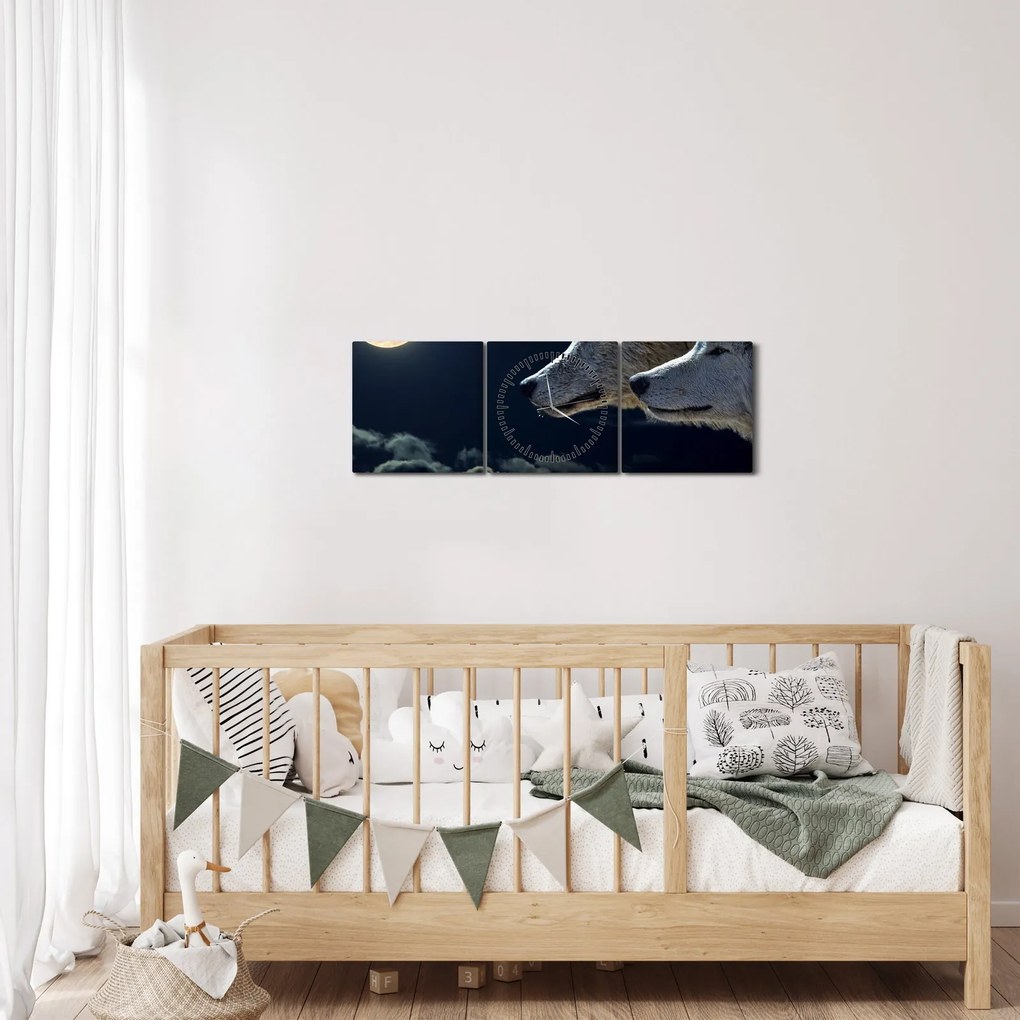 Tablou cu lupi în lună (cu ceas) (90x30 cm)