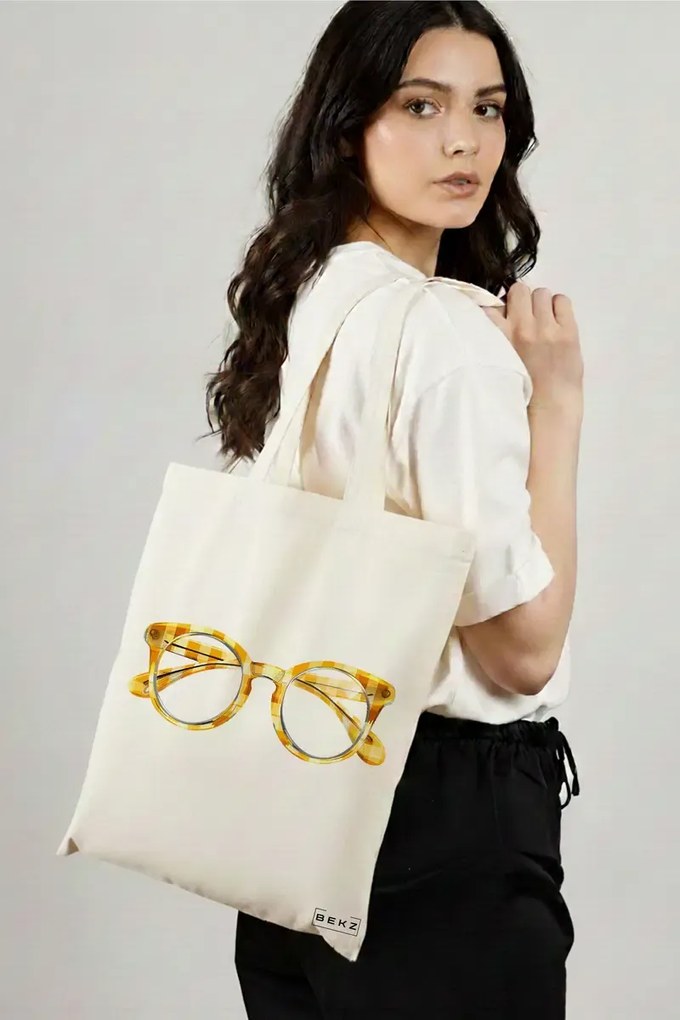 Sacosa de Panza pentru Cumparaturi, Geanta Tote, model Yellow Glasses 38 x 34.5 cm, Alba, BEKZ®