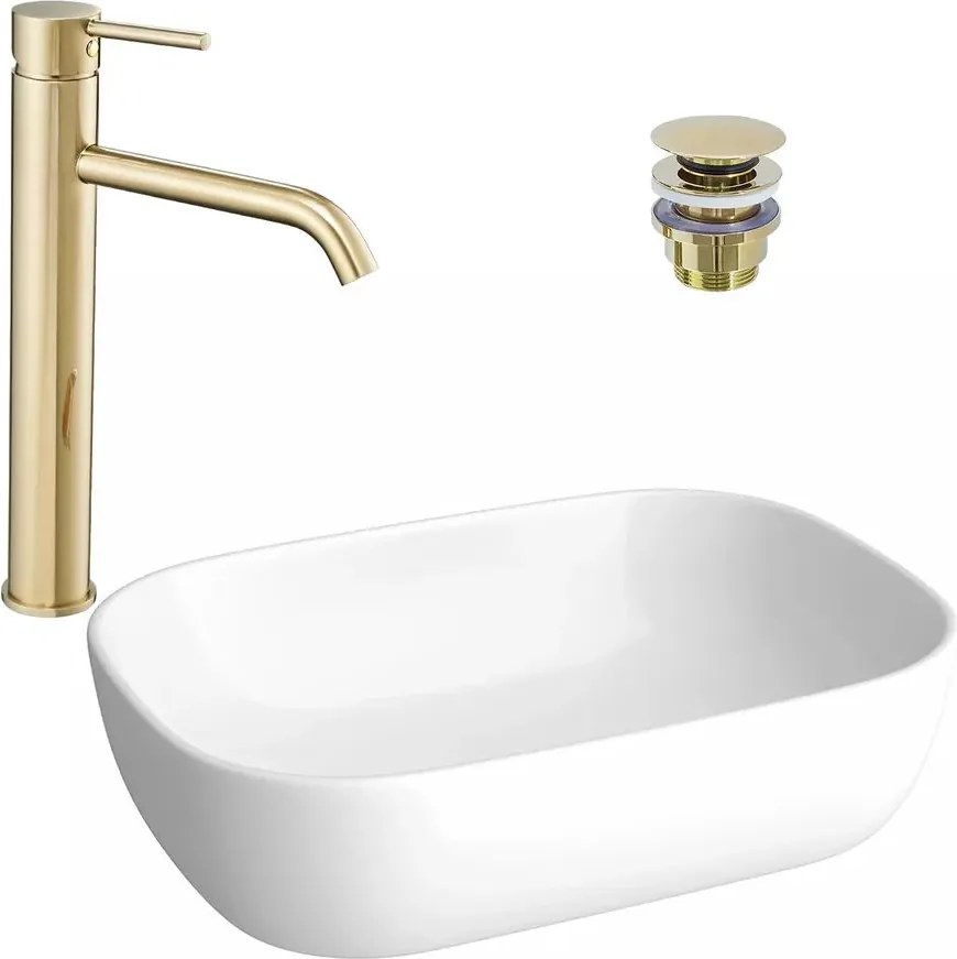 Pachet lavoar pe blat Cersanit Moduo alb 50.5 cm, baterie lavoar Rea Lungo auriu si ventil lavoar Click-Clack auriu