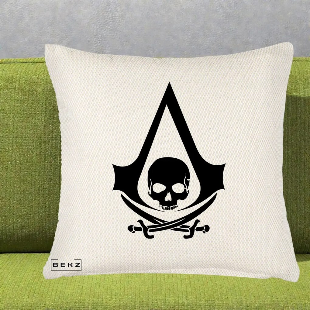 Perna Personalizata Assassin's Creed Black Flag Skull, 40x40 cm, Crem Reliefat, Husa Detasabila, Perna Inclusa, BEKZ®