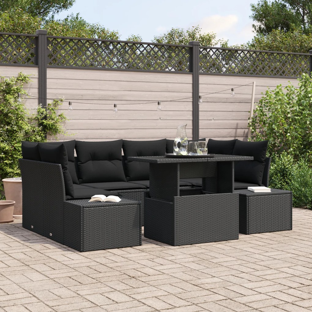vidaXL Set de grădină cu 7 piese și perne din rattan și poliester, negru