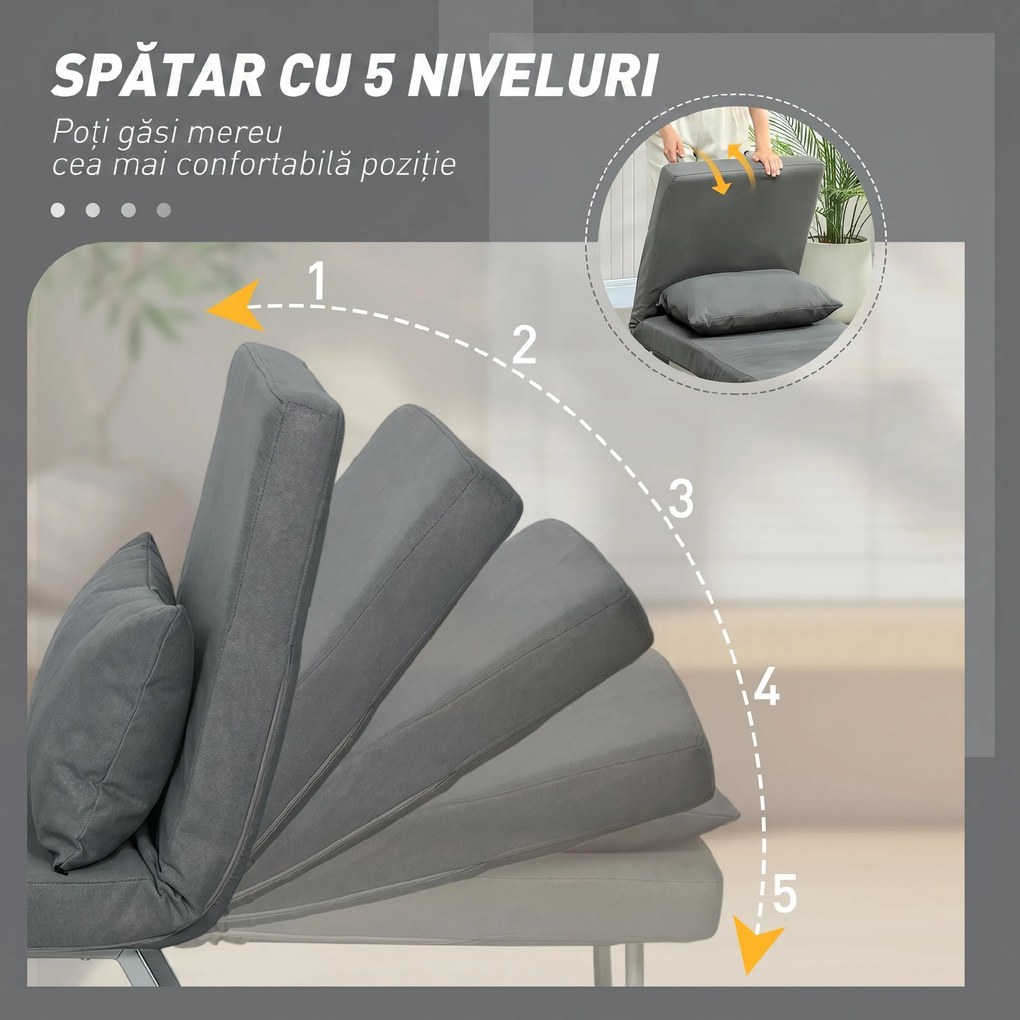 HOMCOM Fotoliu Pat 3 în 1 cu Spătar Reclinabil pe 5 Nivele, din Țesătură Efect de In, 73x78x81 cm, Gri Închis | Aosom Romania