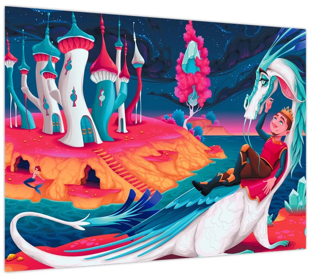 Tablou pe sticlă - Prinț și prințesa cu dragon (70x50 cm)