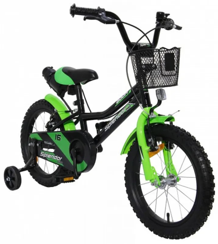 Bicicleta pentru copii NOVOKIDS™ Splend'Or Boom Edition, Cosulet, Roti 14" inch, Max 35 kg, Cadru otel, Roti ajutatoare, Ghidon reglabil, Negru Verde