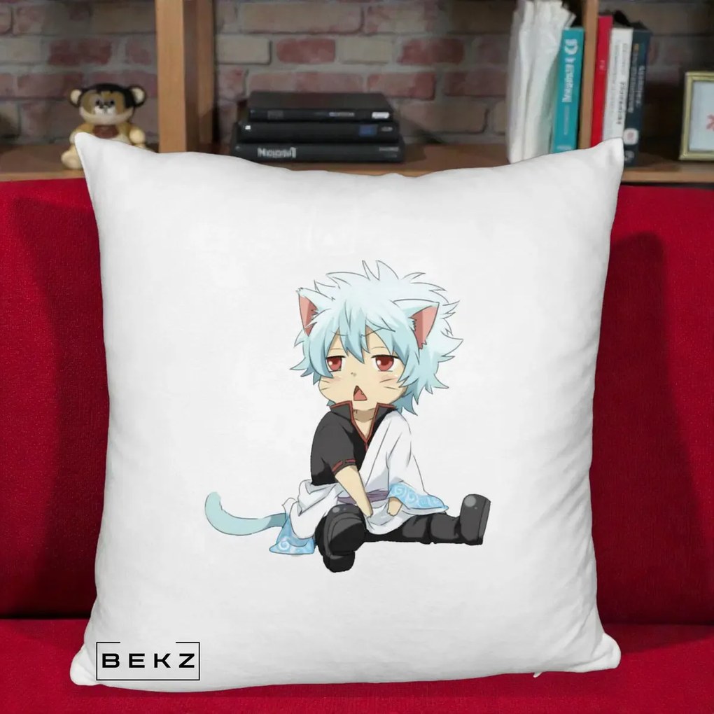 Perna Personalizata Gintama Gintoki Chibi Pisica, 40x40 cm, Alb Pufos, Husa Detasabila, Perna Inclusa, BEKZ®