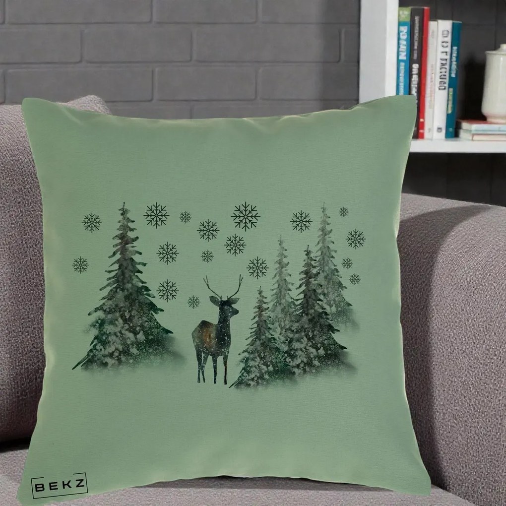 Perna Decorativa Ren in Padure Inzapezita, 40x40 cm, Verde, Husa Detasabila, Perna Inclusa, BEKZ®
