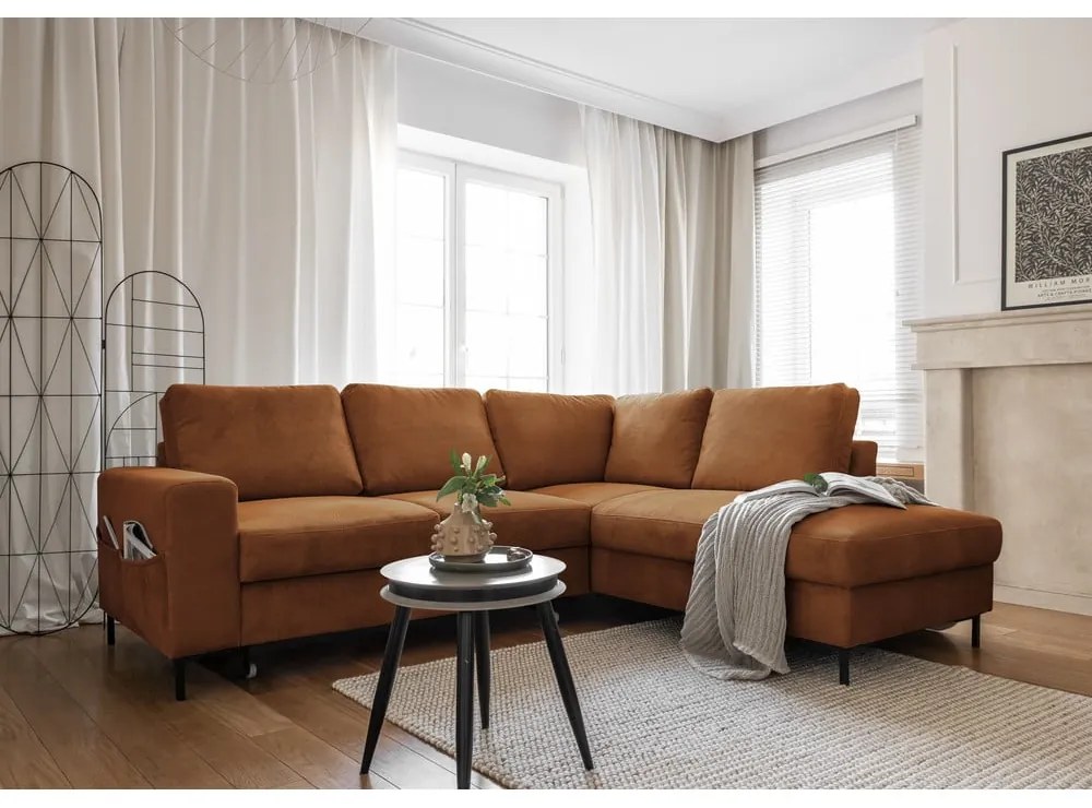 Colțar portocaliu/maro extensibil cu tapițerie din catifea reiată (cu colț pe partea dreaptă) Lofty Lilly – Miuform