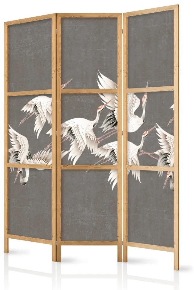 Paravan japonez - Ornament with cranes - bright bird silhouettes on grey background with texture