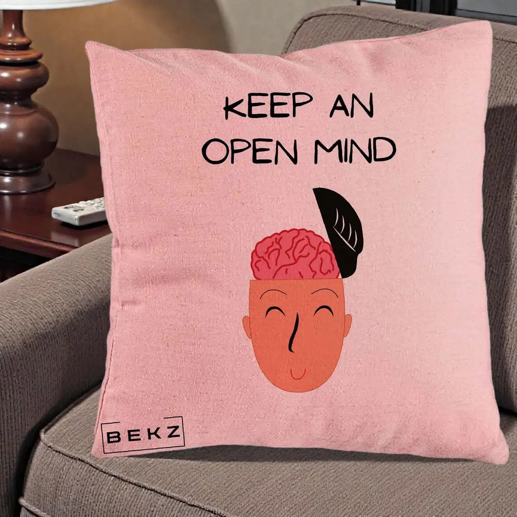 Perna Decorativa Keep An Open Mind, 40x40 cm, Roz, Husa Detasabila, Perna Inclusa, BEKZ®
