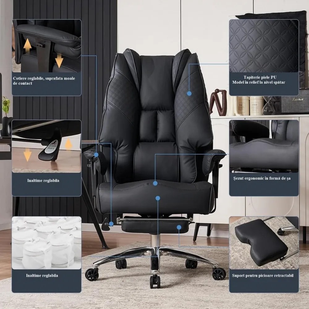 Scaun directorial, Rezistent 180 kg, Sezut cu Arcuri Metalice și Spumă, cotiere reglabile inaltime, piele PU, Negru