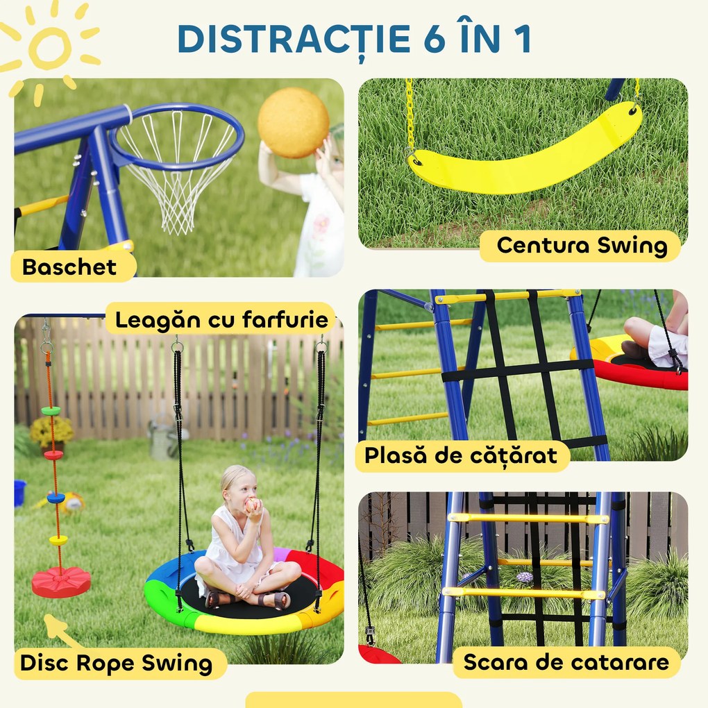 AIYAPLAY Set Leagăn de Grădină 6 în 1 pentru Copii 3-8 Ani, 350x183x200 cm, Multicolor | Aosom Romania