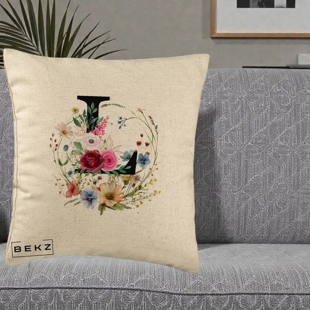 Cadou Personalizat - Perna Personalizata Monogram Litera L cu Flori Acuarela, 40x40 cm, Bej, Husa Detasabila, Perna Inclusa, BEKZ®