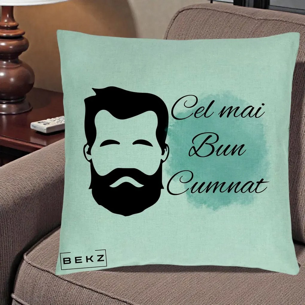 Cadou pentru Cumnat - Perna Personalizata Cel mai Bun Cumnat cu Portret Barbat si Pete Teal, 40x40 cm, Verde Menta, Husa Detasabila, Perna Inclusa, BEKZ®