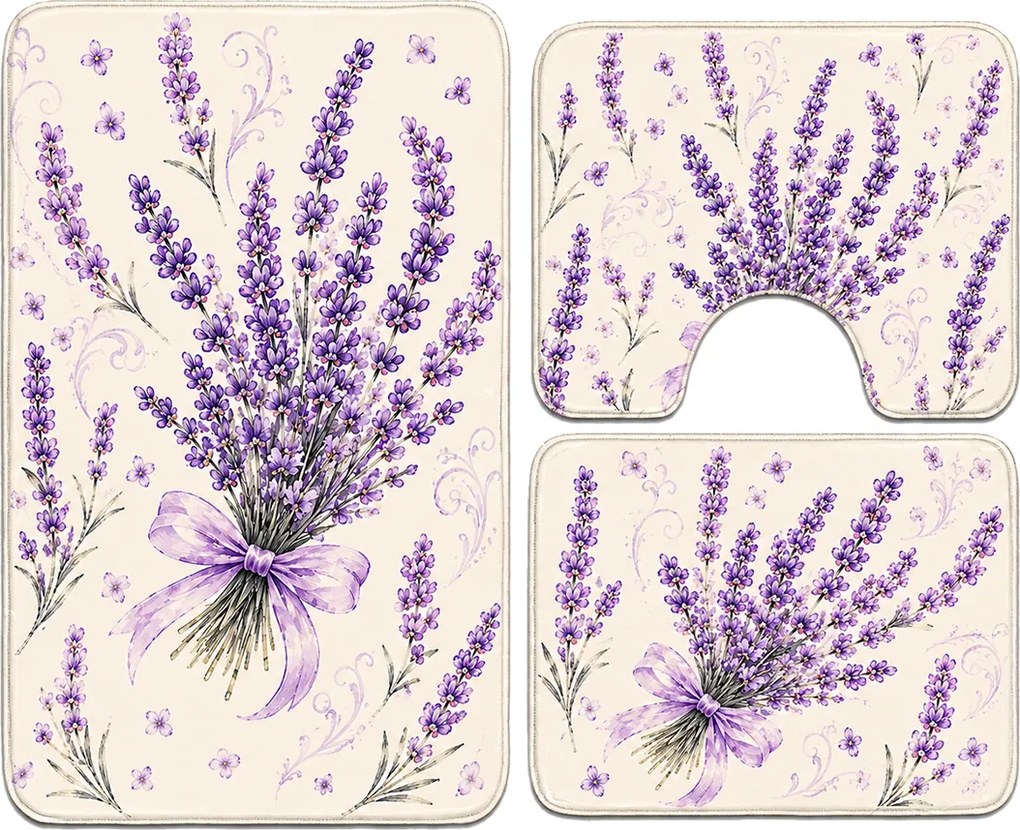 Set covoare baie antiderapante, 3 piese, model Buchet de Lavandă, CBA126