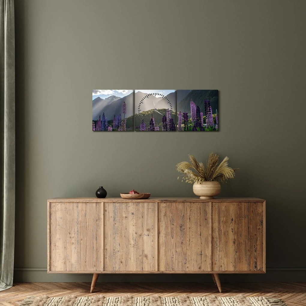 Tablou - scenariu cu flori de Lupin (cu ceas) (90x30 cm)