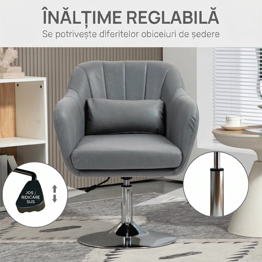 HOMCOM Scaun de birou pivotant la 360° cu Inaltime Reglabila din Material Respirabil, cu Perna, 60x60x79-91 cm, Gri | Aosom Romania