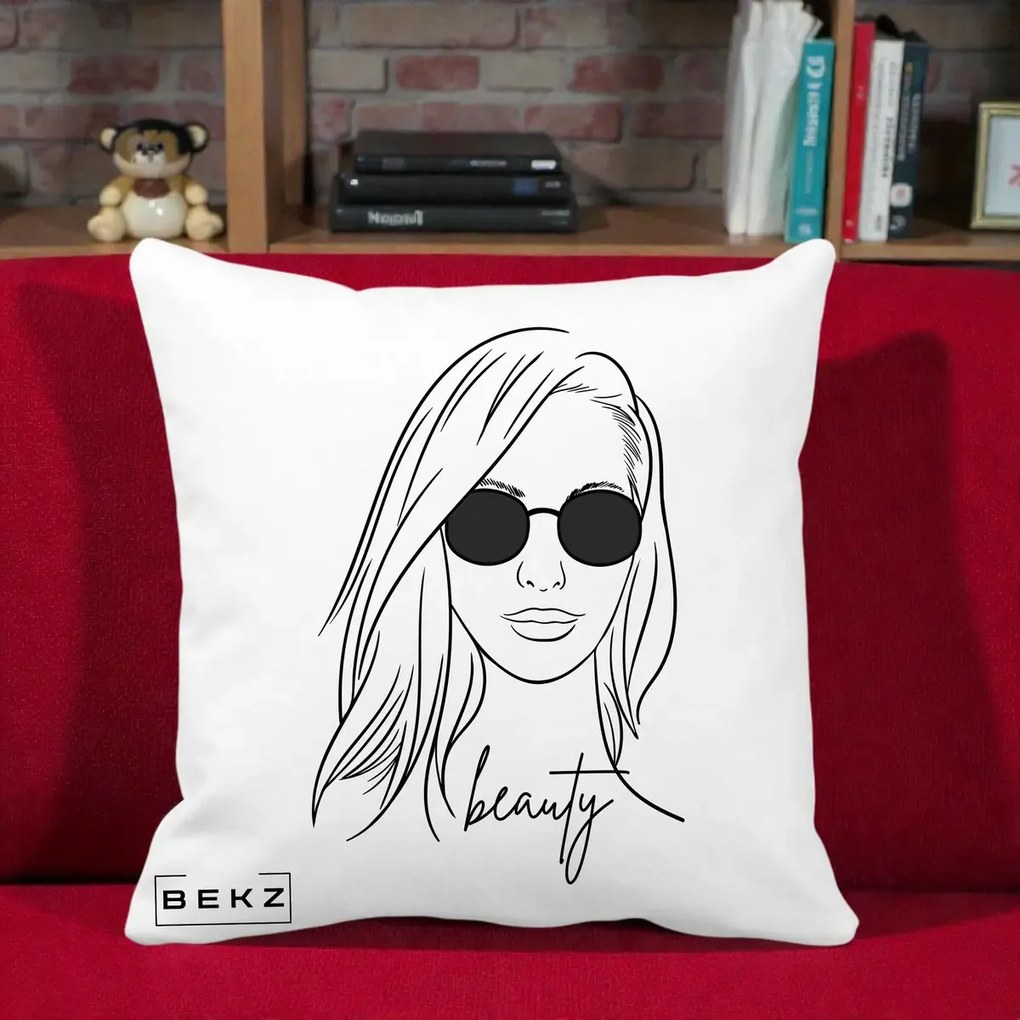 Perna Decorativa Beauty Girl Line Art, 40x40 cm, Alba Mata, Husa Detasabila, Perna Inclusa, BEKZ®