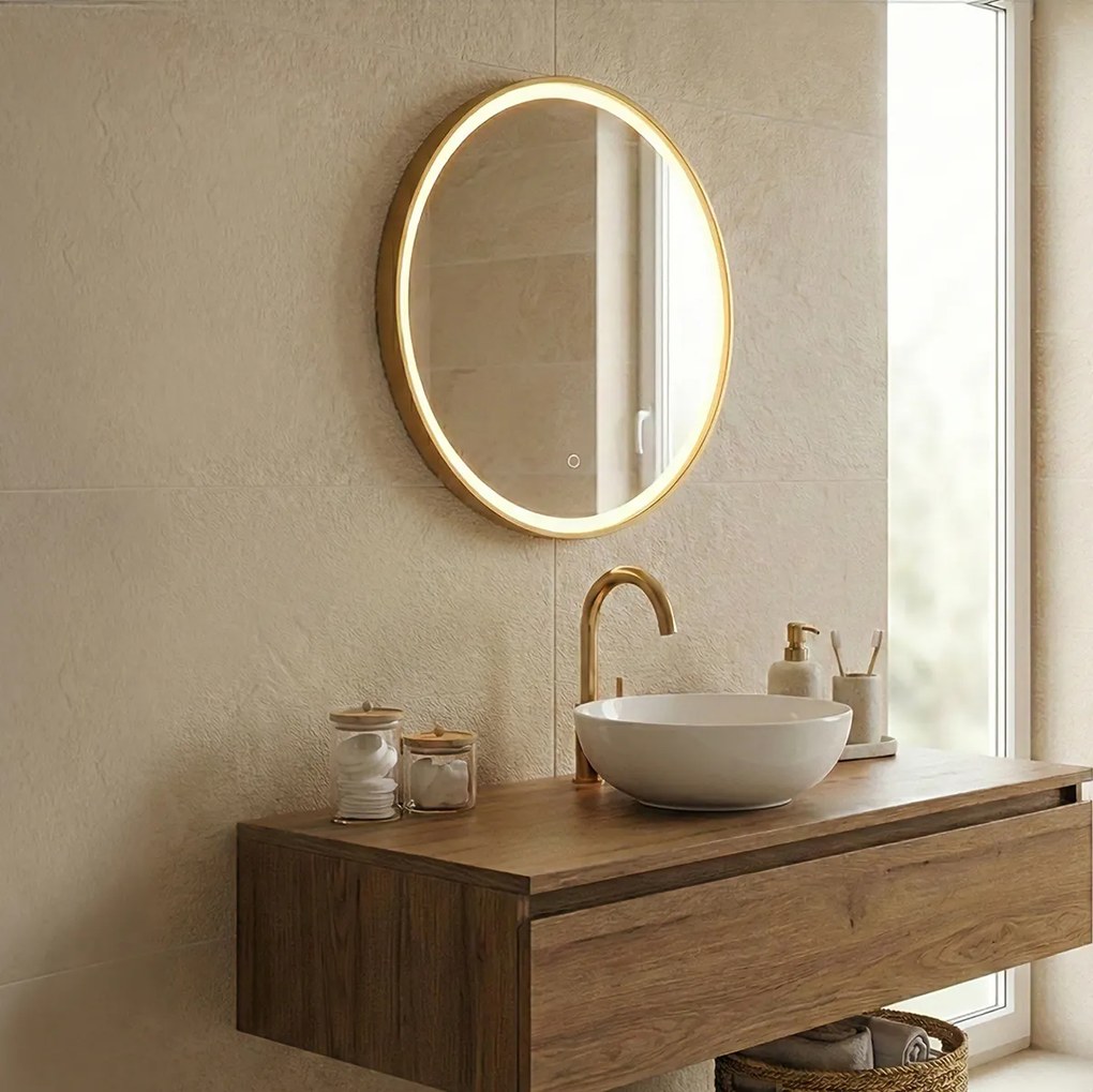 Oglindă de baie cupru 50 cm, incl. LED, cu 3 trepte de intensitate reglabile cu atingere, rotundă - Miral