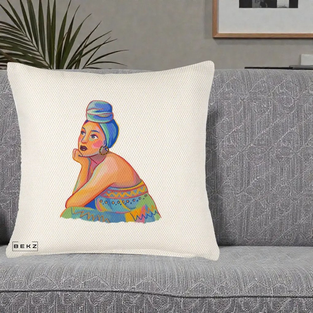 Perna Decorativa Portret Femeie Contemplativa, 40x40 cm, Crem Reliefat, Husa Detasabila, Perna Inclusa, BEKZ®