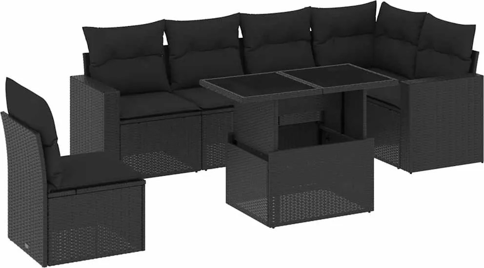 vidaXL Set canapele de grădină cu perne, 7 piese, negru, poliratan