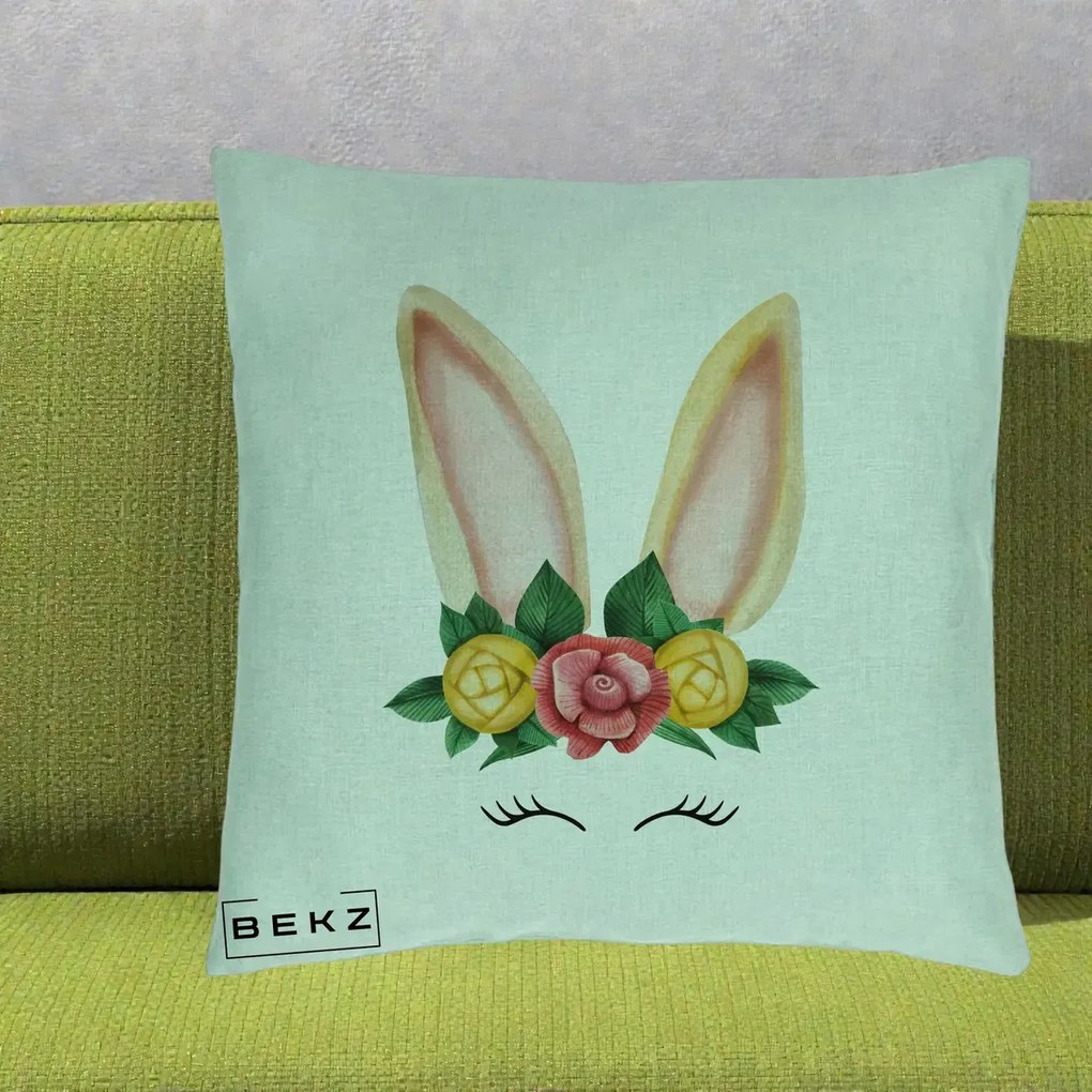Perna Decorativa Iepuras Flori Urechi Pastelui, 40x40 cm, Verde Menta, Husa Detasabila, Perna Inclusa, BEKZ®