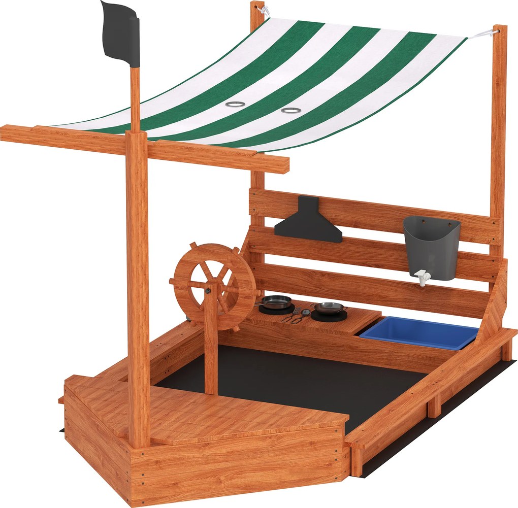 Outsunny Cutie de nisip cu copertină Corabie de pirați, incl. set de bucătărie pentru copii, lemn masiv, 180 x 103 x 144,5 cm, Verde | Aosom Romania
