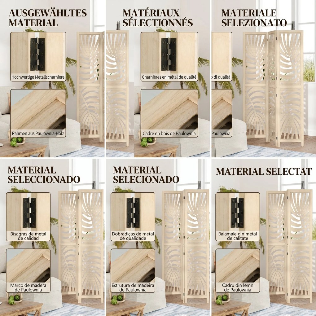 HOMCOM Paravan cu 3 Panouri, Separator Pliabil cu Design Frunze pentru Interior, Finisaj Natural | Aosom Romania