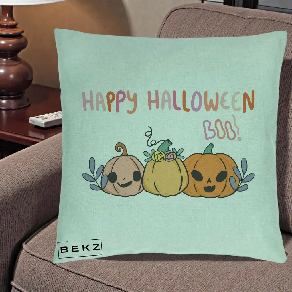 Perna Decorativa Happy Halloween Boo Trei Dovlecei Kawaii, 40x40 cm, Verde Menta, Husa Detasabila, Perna Inclusa, BEKZ®