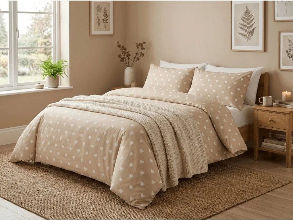Set lenjerie de pat din crepon HEARTILO POLY bej + cearsaf Jersey 90x200 cm nisip, pat de o singura persoana