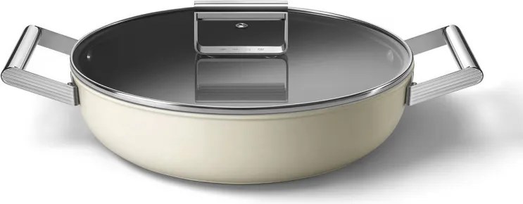 Oală joasă cu capac Smeg DPF2812CRM, 28 cm, 4,3 l, acoperire ceramică antiaderentă, potrivită pentru cuptor până la 250 °C, fără PFAS, compatibilă cu plitele cu inducție, culoare crem