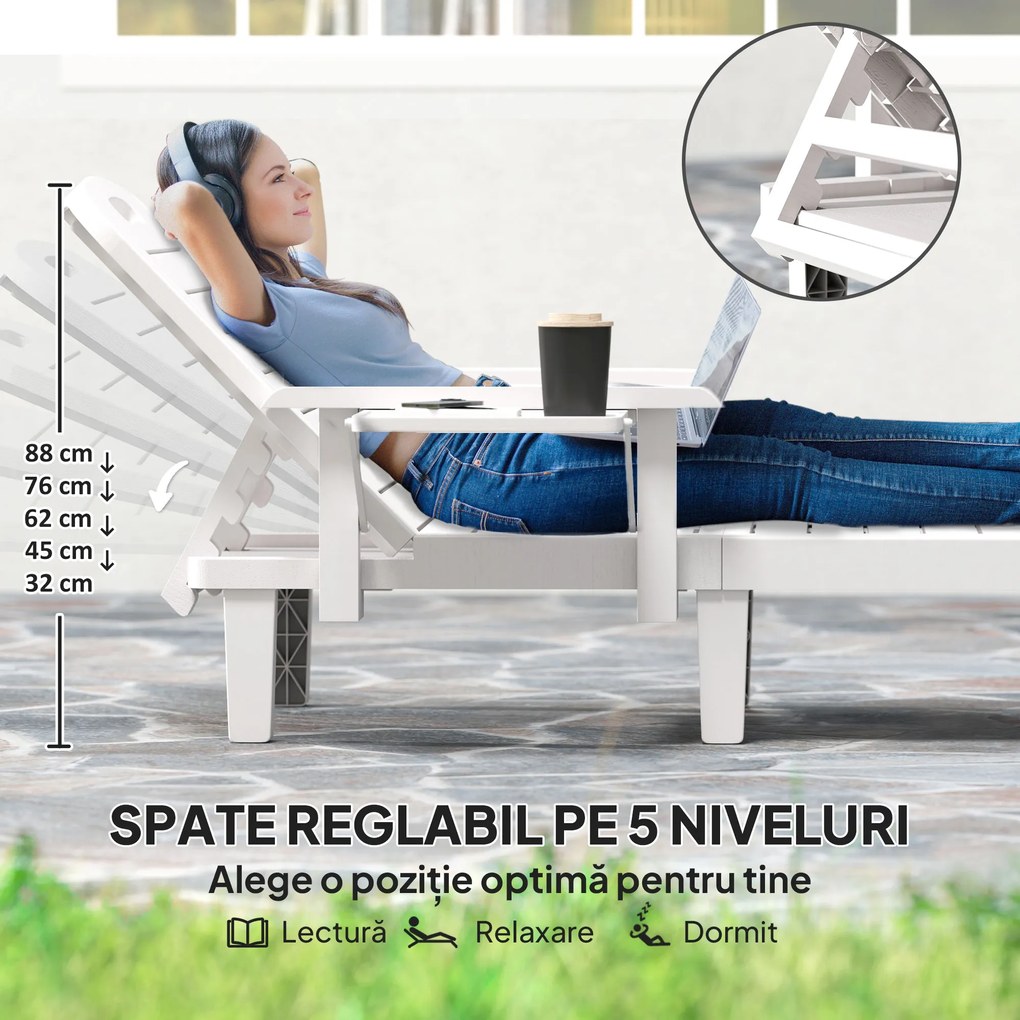 Outsunny Set 2 Șezlonguri cu Spătar Reglabil în 5 Poziții, Măsuță și Brațe Ergonomice, 79x158x88 cm, Gri | Aosom Romania