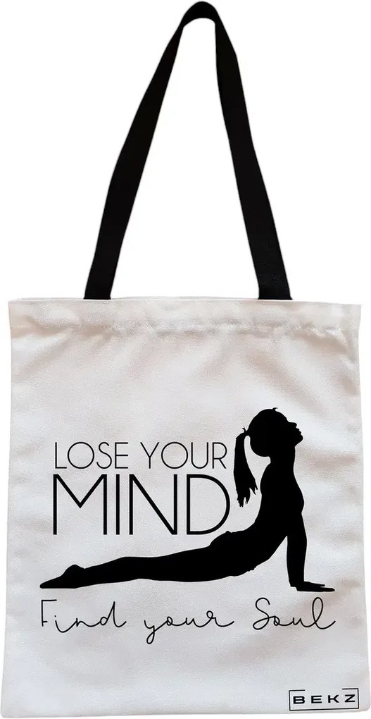 Sacosa de Panza pentru Cumparaturi, Geanta Tote, Yoga Lose your mind Find your soul, Cu fermoar, 38x34.5 cm, Alba, BEKZ®