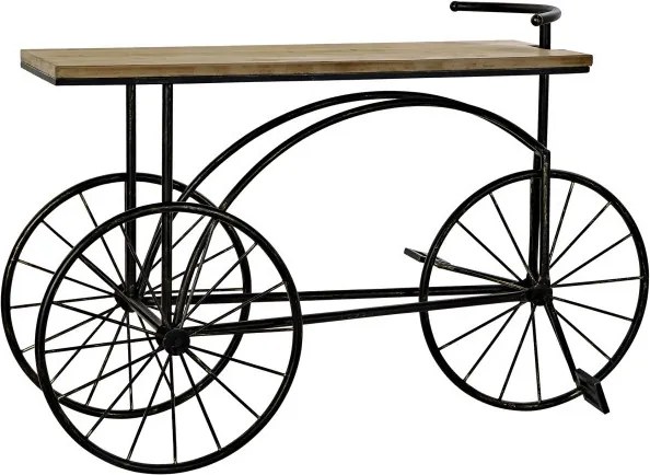 Consolă hol vintage din metal și lemn, negru și natur, cu bază în formă de tricicletă, ghidon și roți cu spițe, 82 x 128 x 40 cm, „Bycicle”