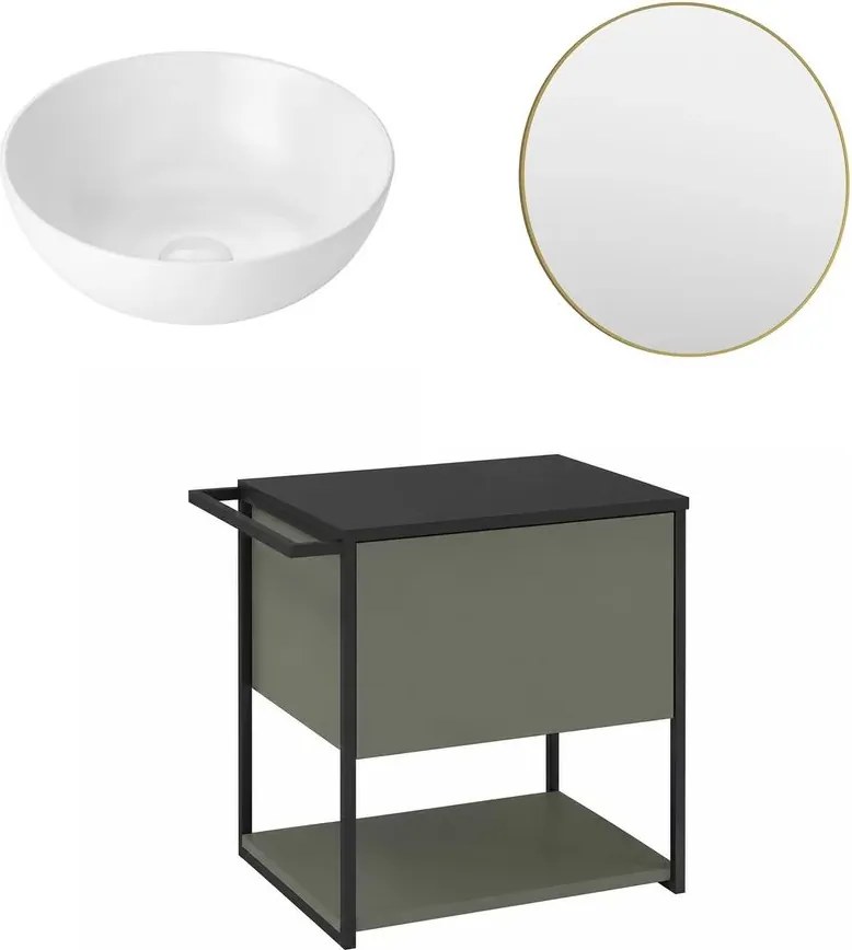 Set dulap baza suspendat Krofam Lov verde-negru 60 cm blat negru cu lavoar 39 cm si oglinda cu rama aurie