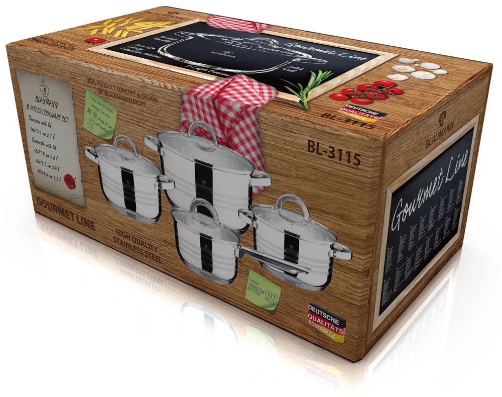 Set oale inox cu capac. 8 piese Jumbo Gourmet Line Blaumann BL 3115