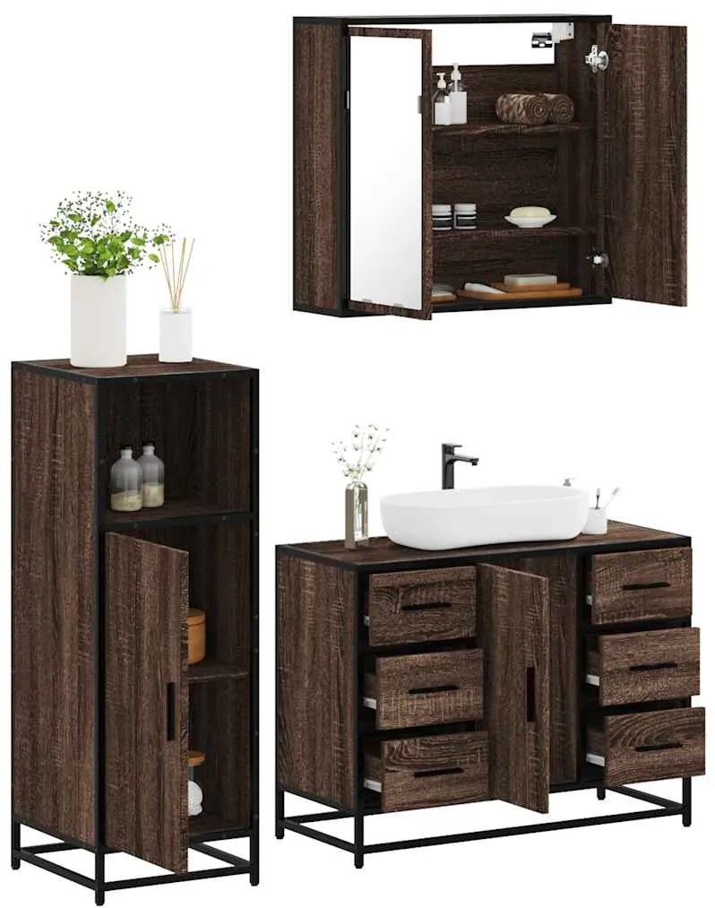 vidaXL Set mobilier de baie, 3 piese, stejar maro, lemn prelucrat