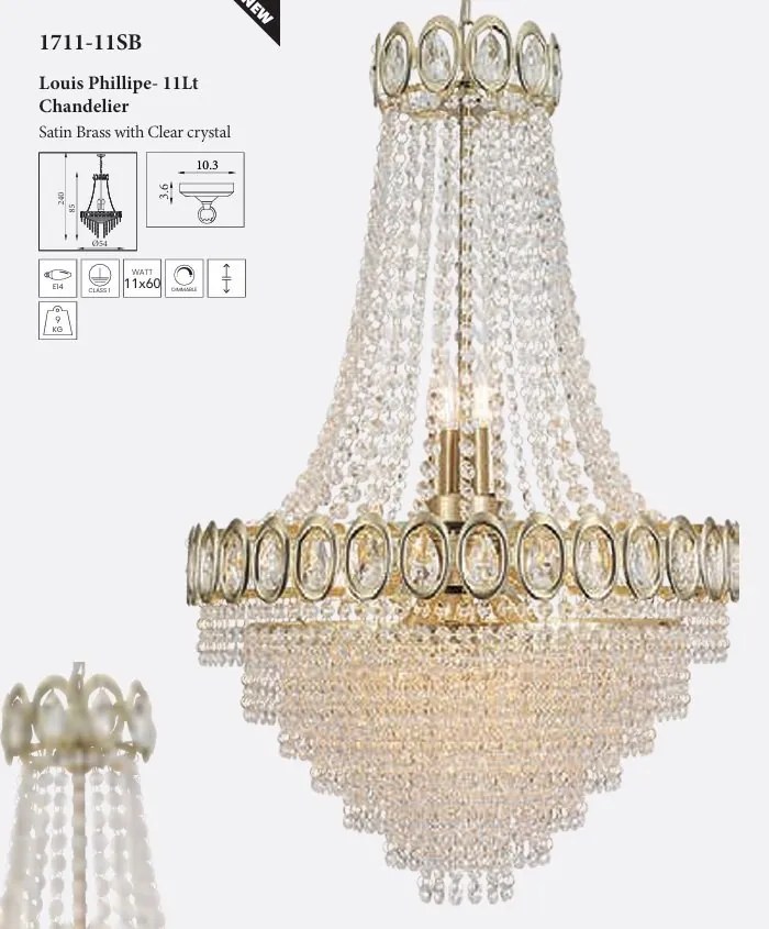 Lustra metal alama satinata, cristal transparent Louis Phillipe