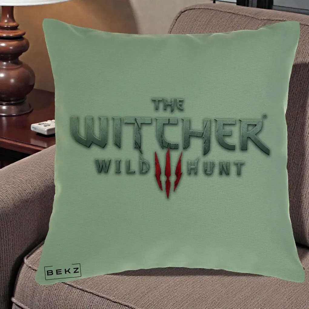Perna Personalizata The Witcher 3 Wild Hunt, 40x40 cm, Verde, Husa Detasabila, Perna Inclusa, BEKZ®