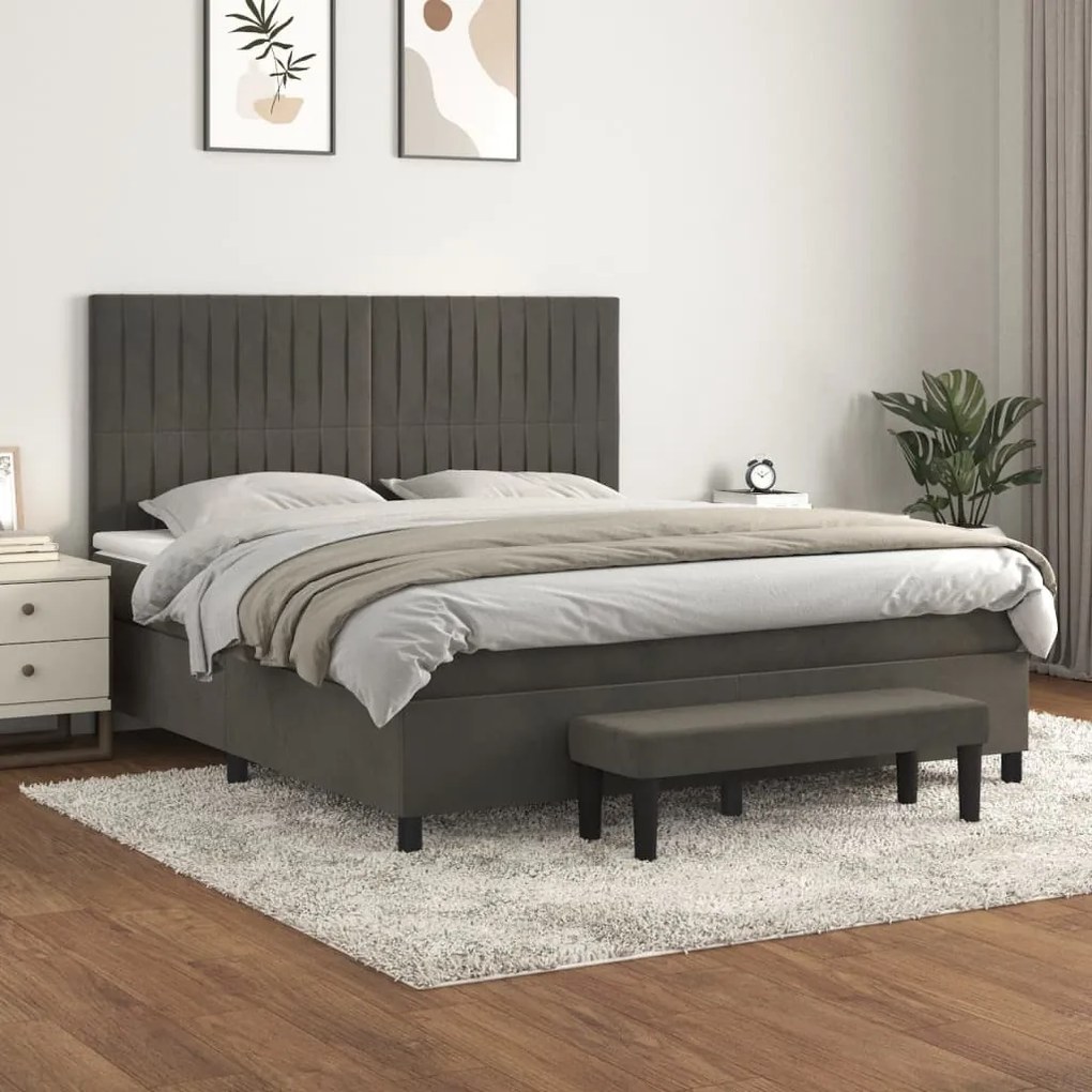 Pat box spring cu saltea, gri inchis, 160x200 cm, catifea Morke gra, 160 x 200 cm, Benzi verticale