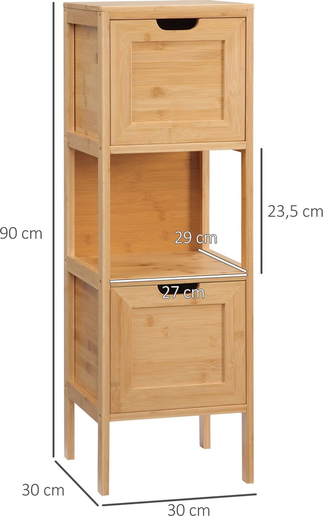 kleankin Comodă de depozitare coloană pentru baie din bambus 2 sertare și 1 raft - dim. 30L x 30l x 90H cm | Aosom Romania