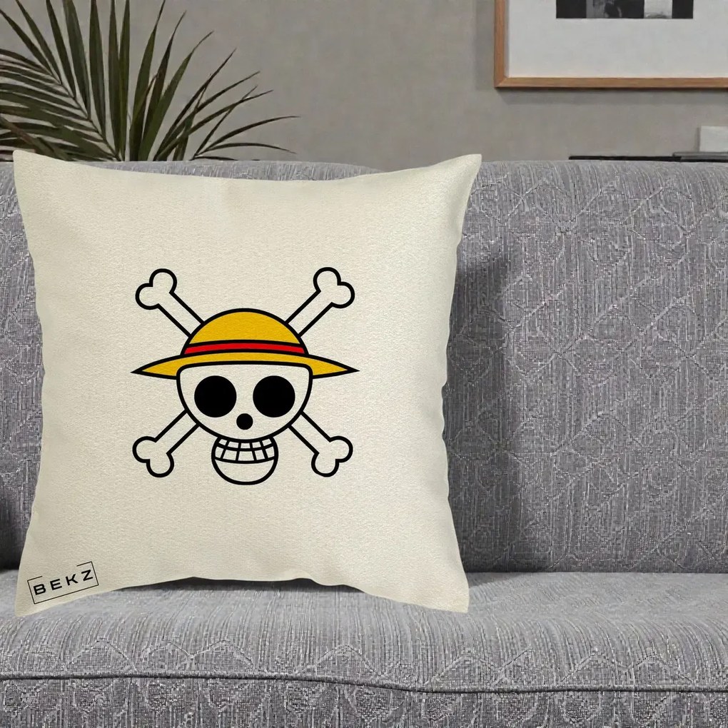Perna Personalizata One Piece Jolly Roger Straw Hat Pirates, 40x40 cm, Ecru, Husa Detasabila, Perna Inclusa, BEKZ®