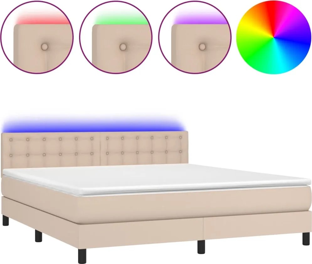 vidaXL Pat cu arcuri, cu saltea și LED, cappuccino 160x200cm piele eco
