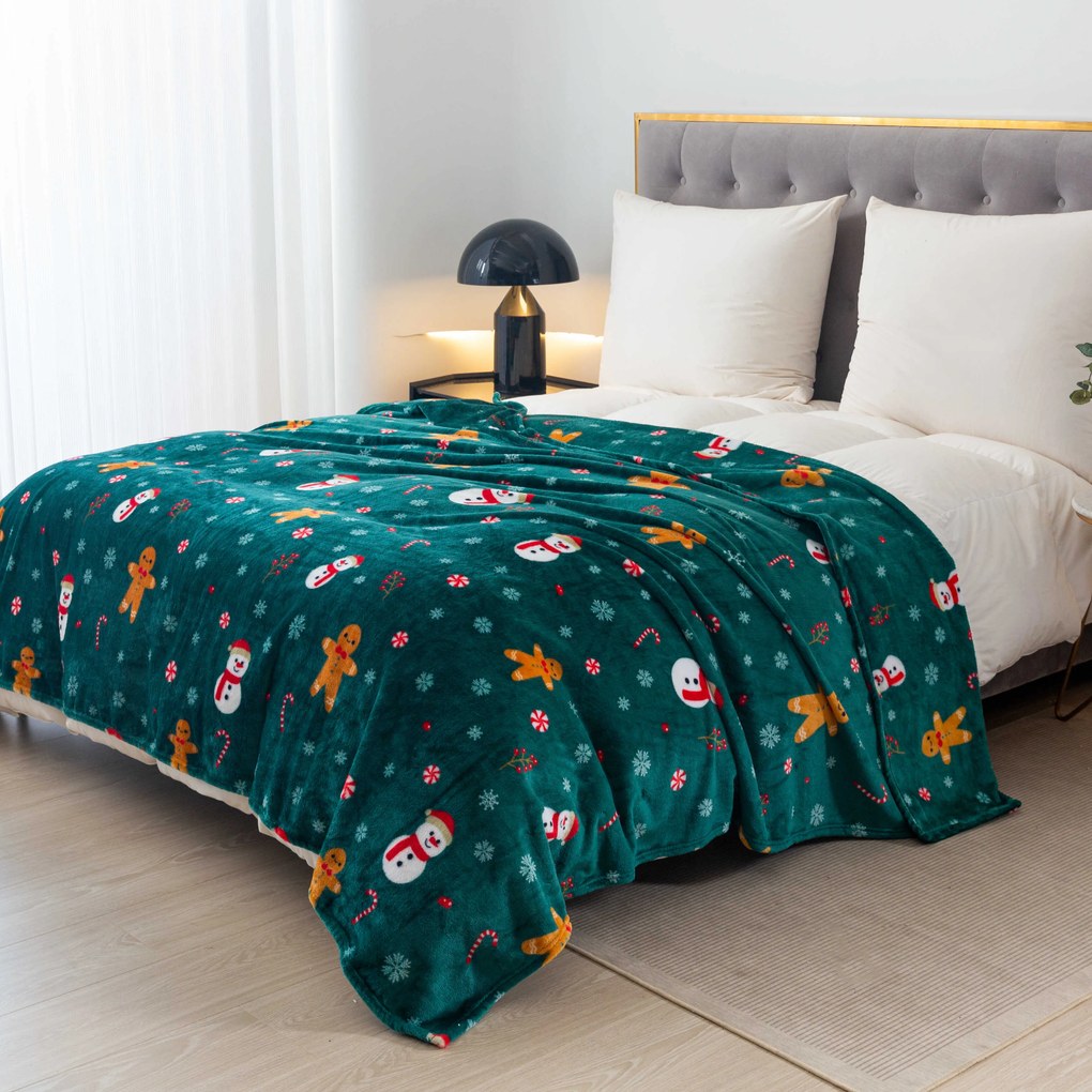 Patura microplus de Craciun SNOWMAN AND GINGERBREAD verde Dimensiuni: 150 x 200 cm