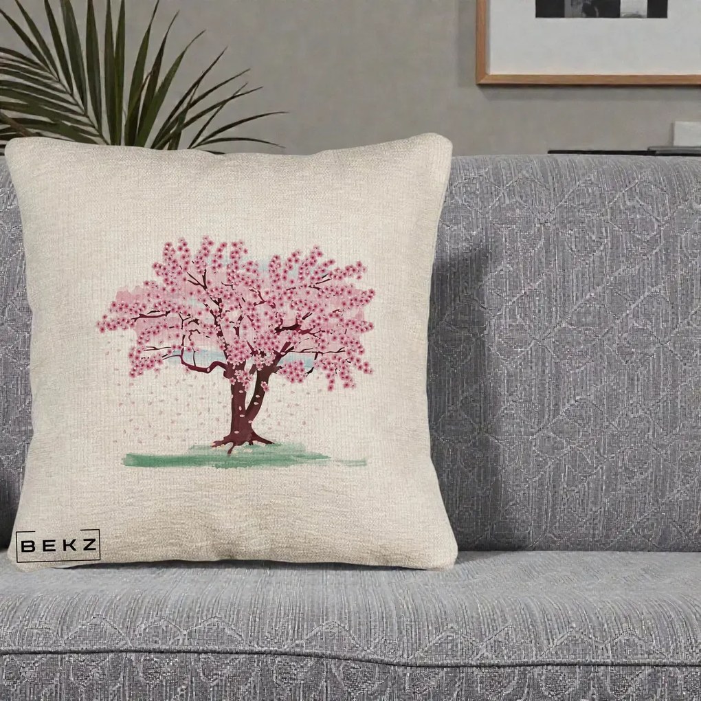 Perna Decorativa Cires Inflorit Acuarela, 40x40 cm, Bej Canapea, Husa Detasabila, Perna Inclusa, BEKZ®