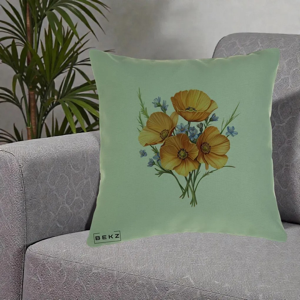 Perna Decorativa Maci Portocalii cu Floricele Albastre, 40x40 cm, Verde, Husa Detasabila, Perna Inclusa, BEKZ®