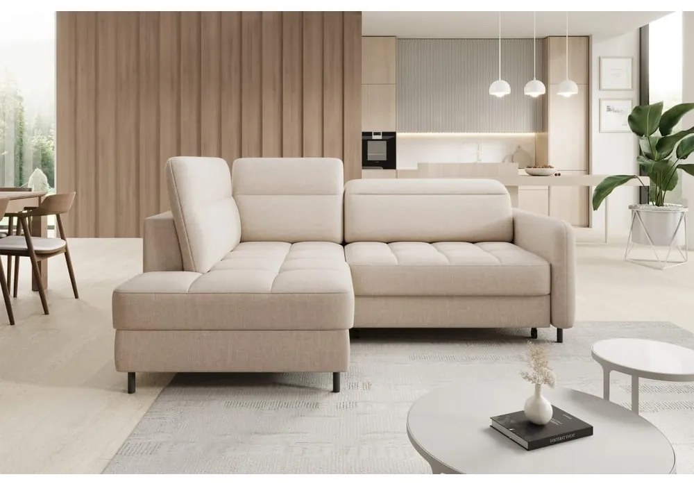 Colțar bej extensibil/cu spațiu de depozitare cu tapițerie din catifea (cu colț pe partea stângă/în formă de ”L”) Barea – ELTAP