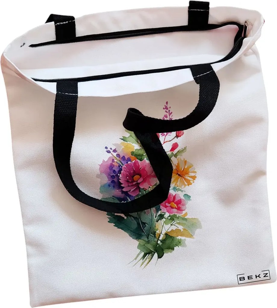Sacosa de Panza pentru Cumparaturi, Geanta Tote, model The Bouquet, Cu fermoar, 38x34.5 cm, Alba, BEKZ®