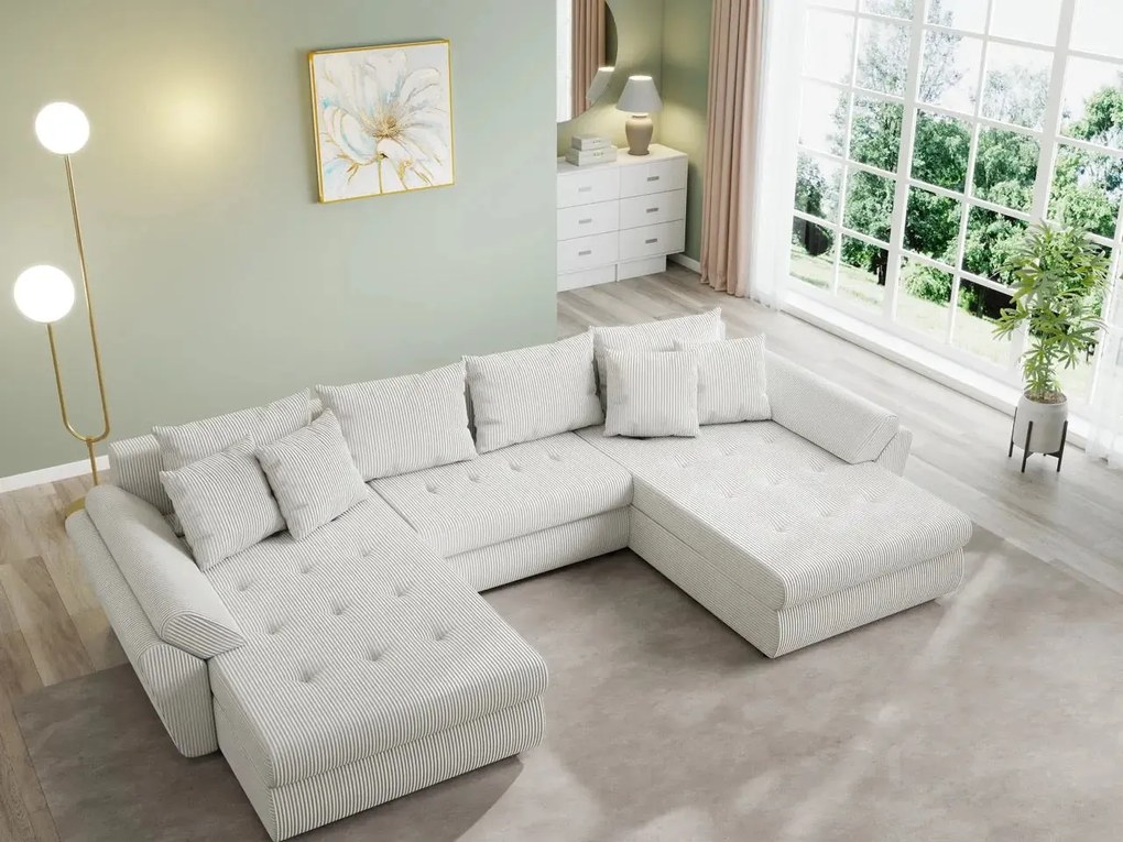 Colțar extensibil dumonde cu ladă de depozitare si sezut confortabil din spuma high-density, Loana U Zoom Cream 355x185 cm